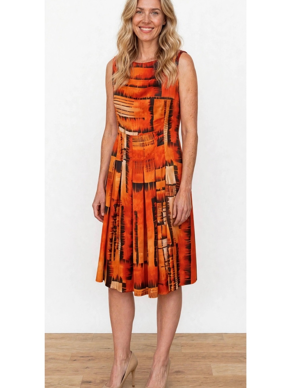 Jones New York Orange and Black Printed Sleeveless Dress
